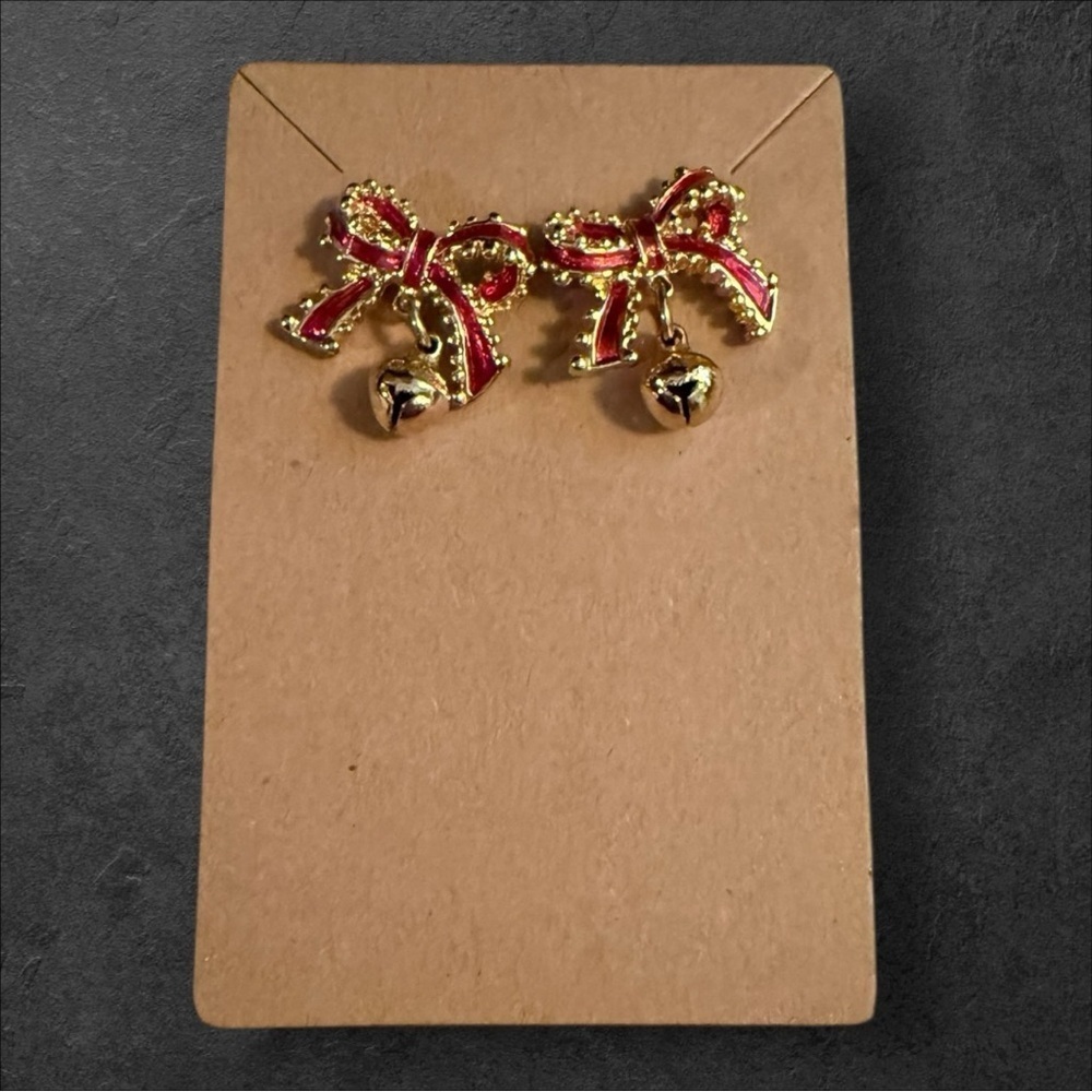 Vintage Christmas Red Enamel Bow Jingle Bell Gold Tone Pierced Earring